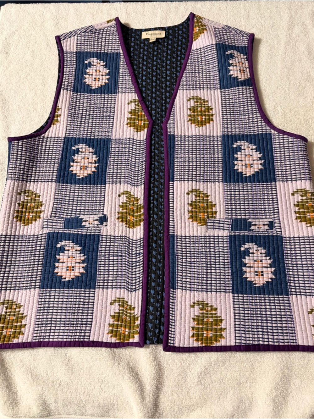 Fragonard Homme quilted Floral Patchwork Vest - Purple Trim, Blue & Cream.